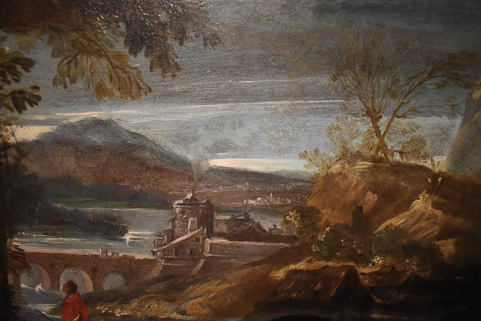 un dettaglio del paesaggio fluviale con cacciatore di annibale carracci, con la luce del pomeriggio sulla collina