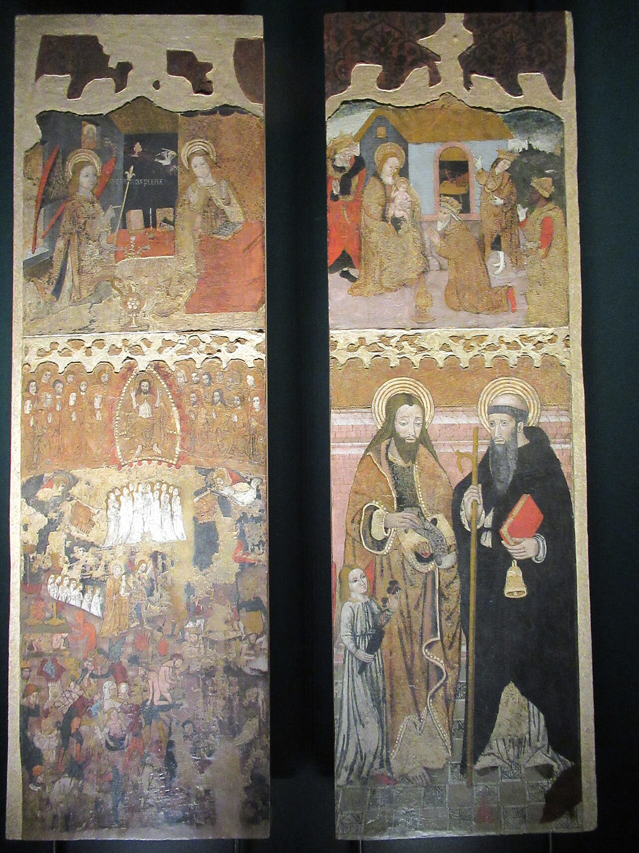 due scomparti di retablo con annunciazione adorazione dei magi giudizio universale e due santi