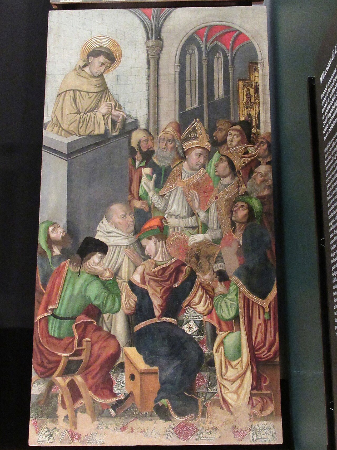 scomparto dipinto con san francesco che predica da un pergamo di pietra a una folla di ascoltatori in abiti quattrocenteschi