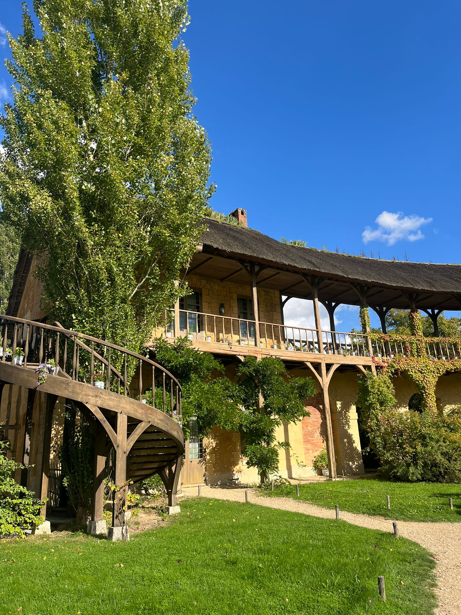una delle case rustiche dell’hameau de la reine a versailles, con il tetto di paglia, la scala a chiocciola in legno e il pergolato di glicine sulla facciata