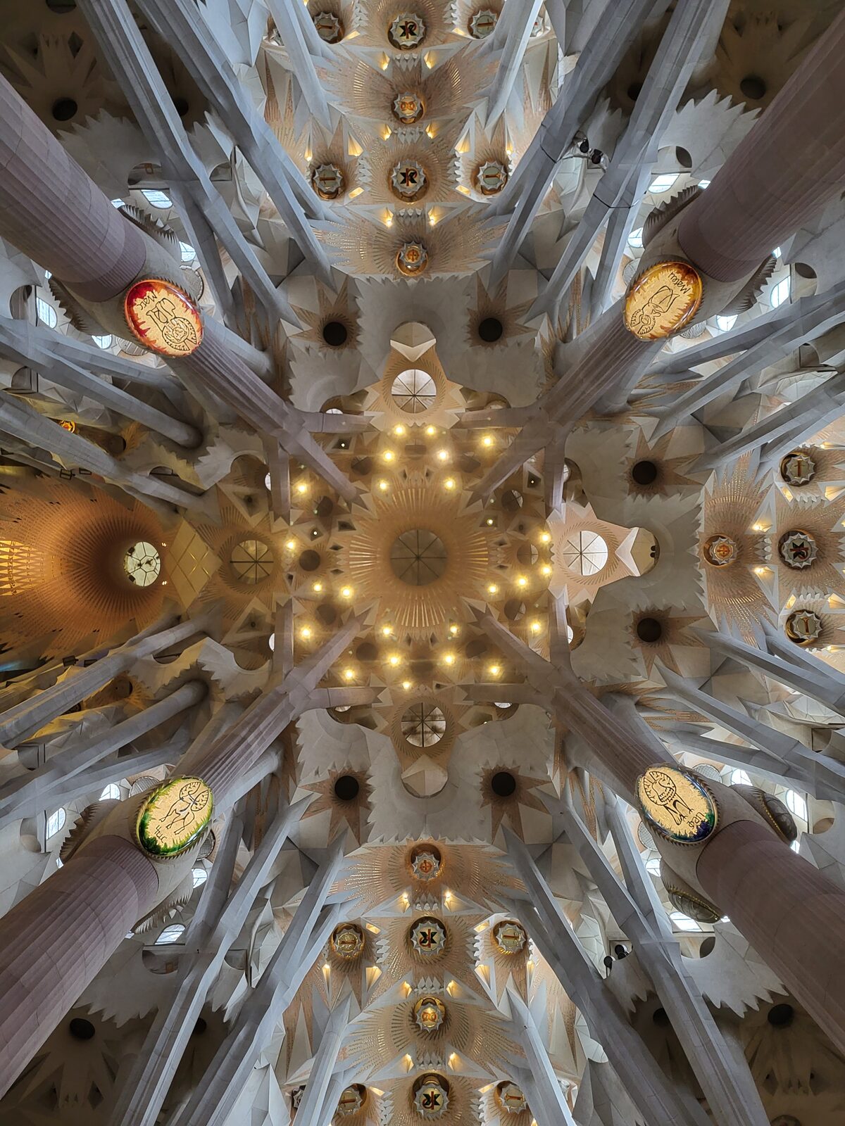 the vault of the Sagrada Família seen from below, with the columns branching out and the golden skylights over the crossing