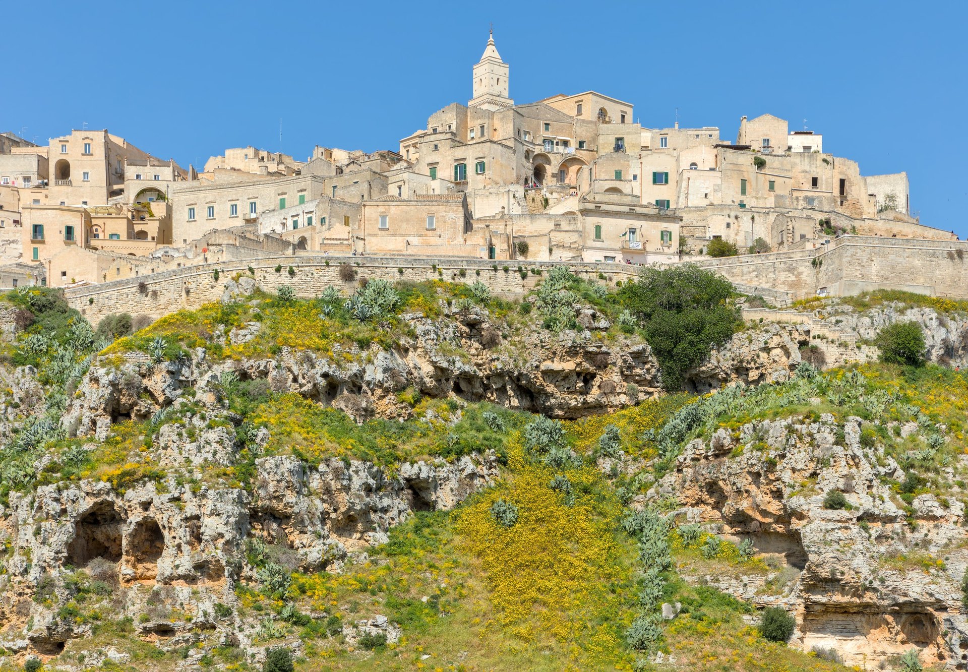 les sassi de matera vus du fond de la gravina avec la paroi calcaire et la ville au dessus