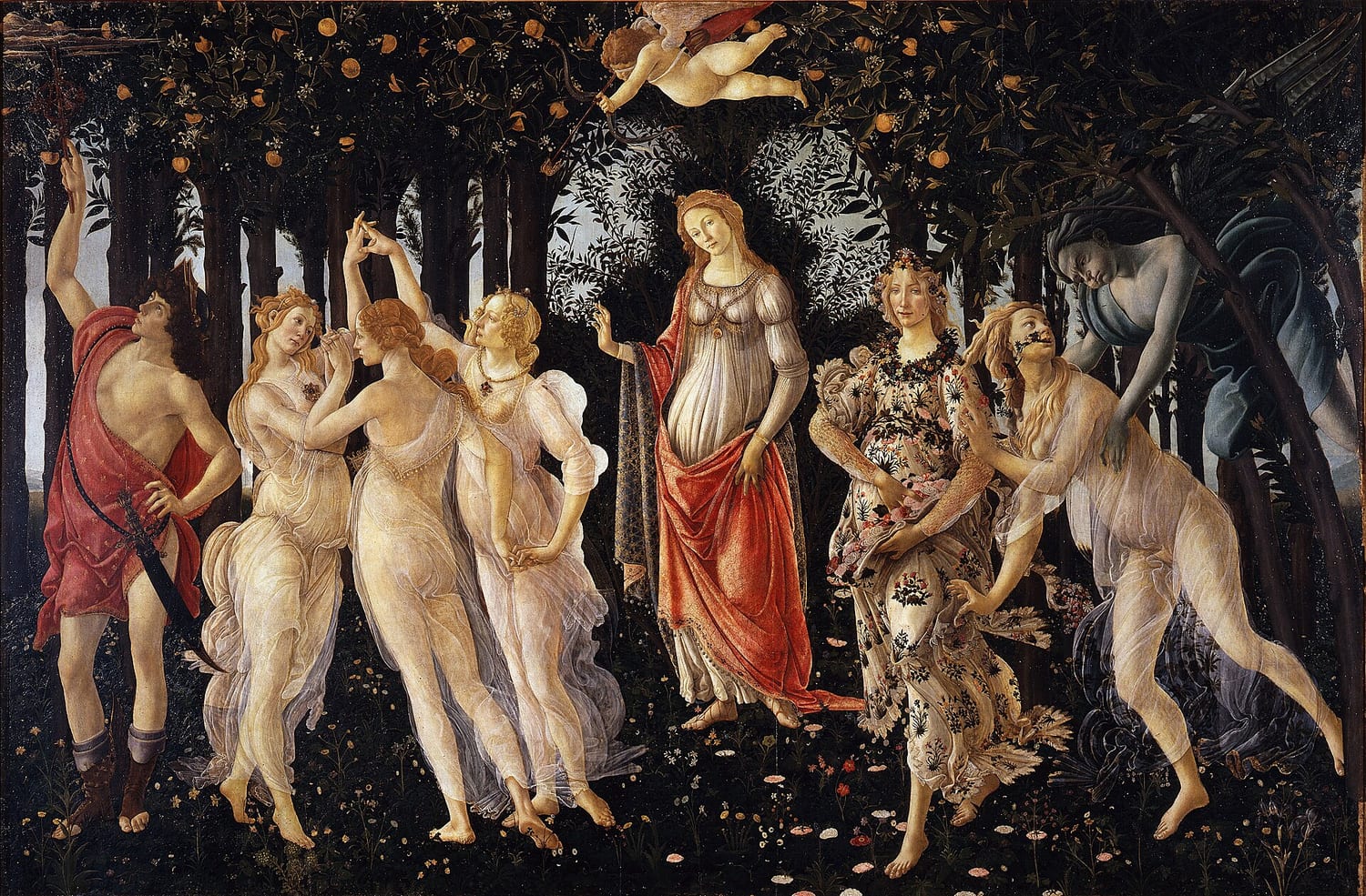 la primavera di botticelli, con venere al centro e le tre grazie che danzano
