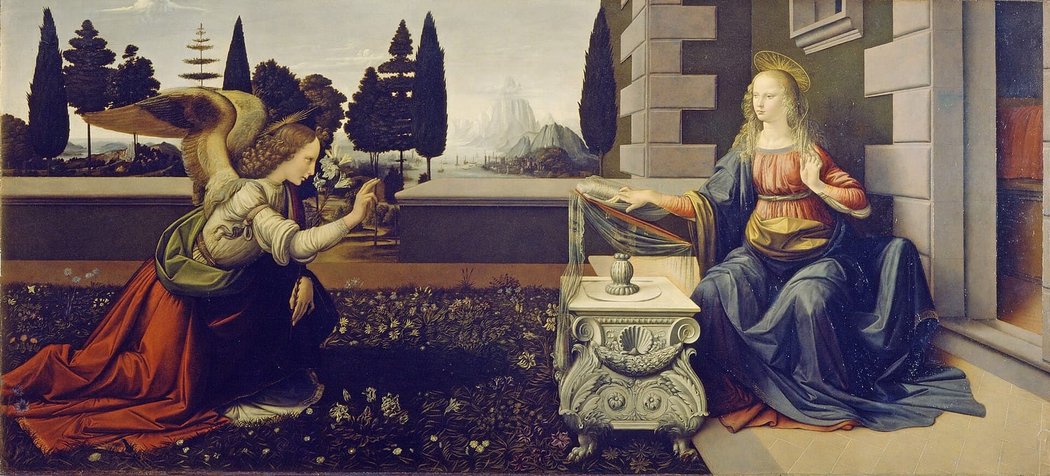 l'annunciazione di leonardo da vinci, con l'angelo inginocchiato nel giardino