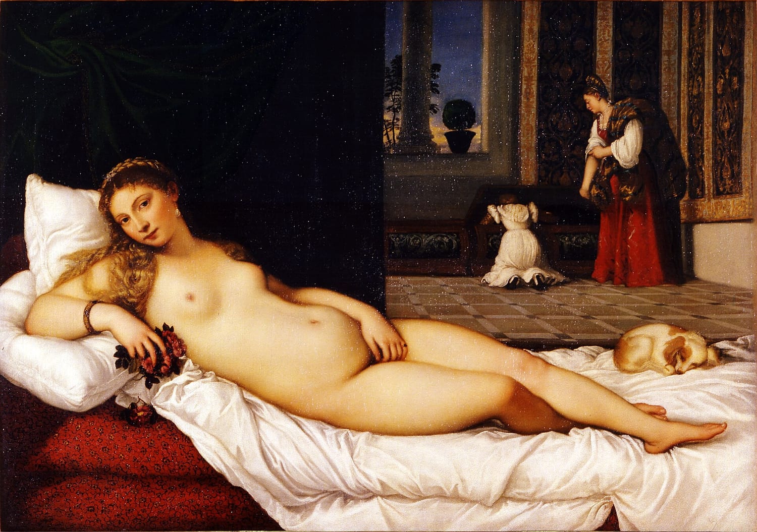 la venere di urbino di tiziano, distesa sul letto con il cagnolino ai piedi