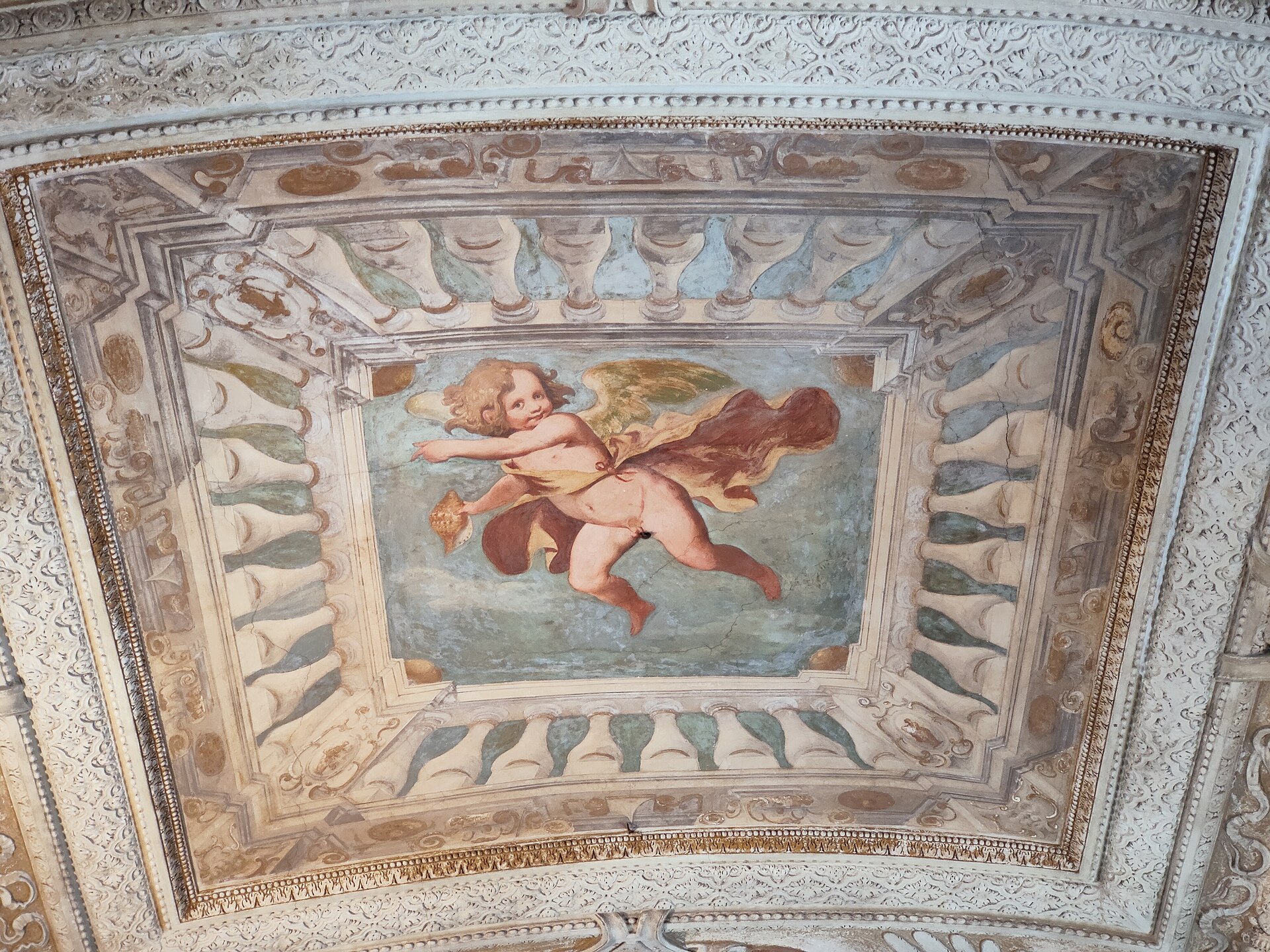 frescoed vault with a stucco frame in the villa del principe in genoa