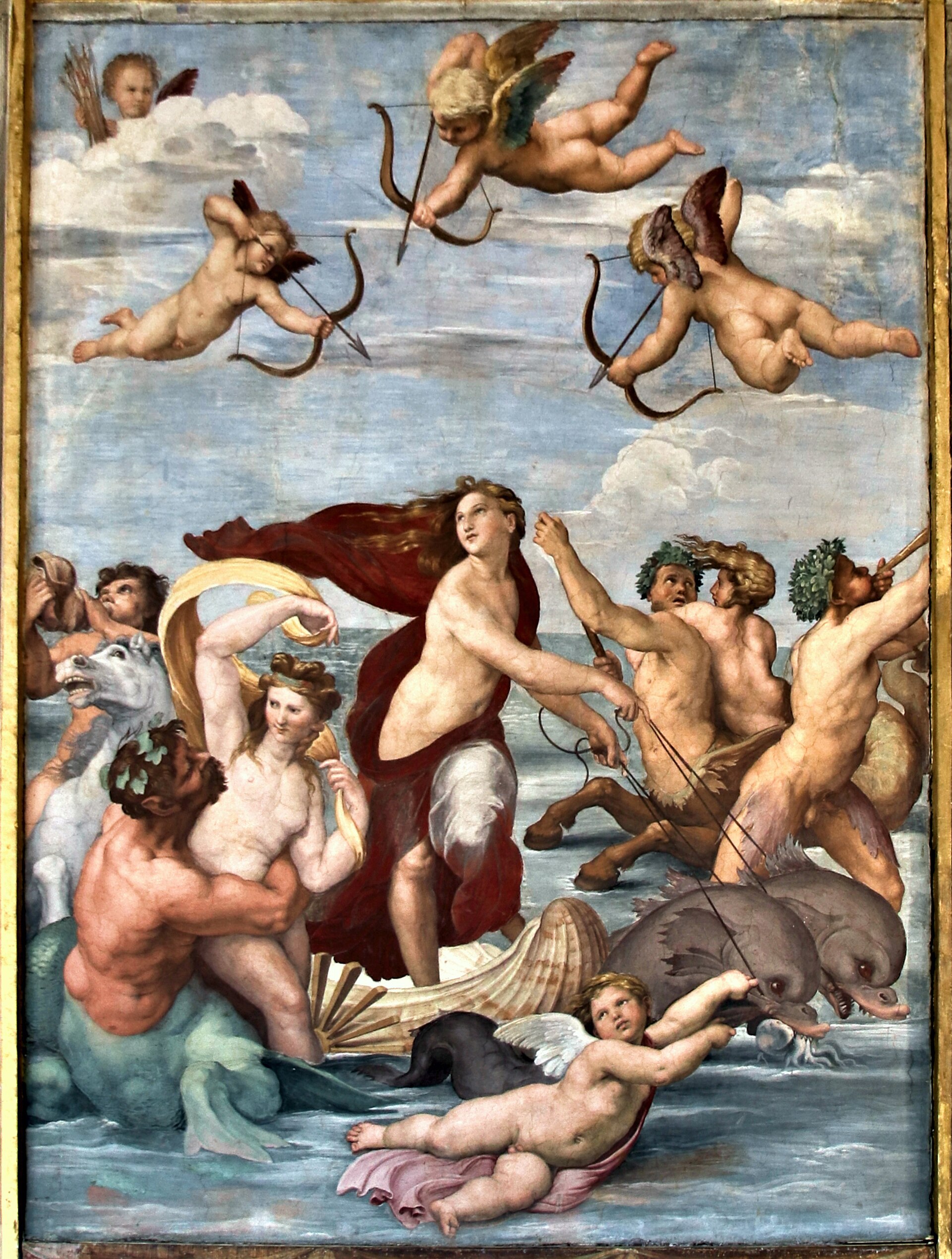 il trionfo di galatea di raffaello, con la ninfa dal mantello rosso in piedi su una conchiglia tirata da due delfini, tre amorini con l arco in cielo e tritoni e nereidi intorno