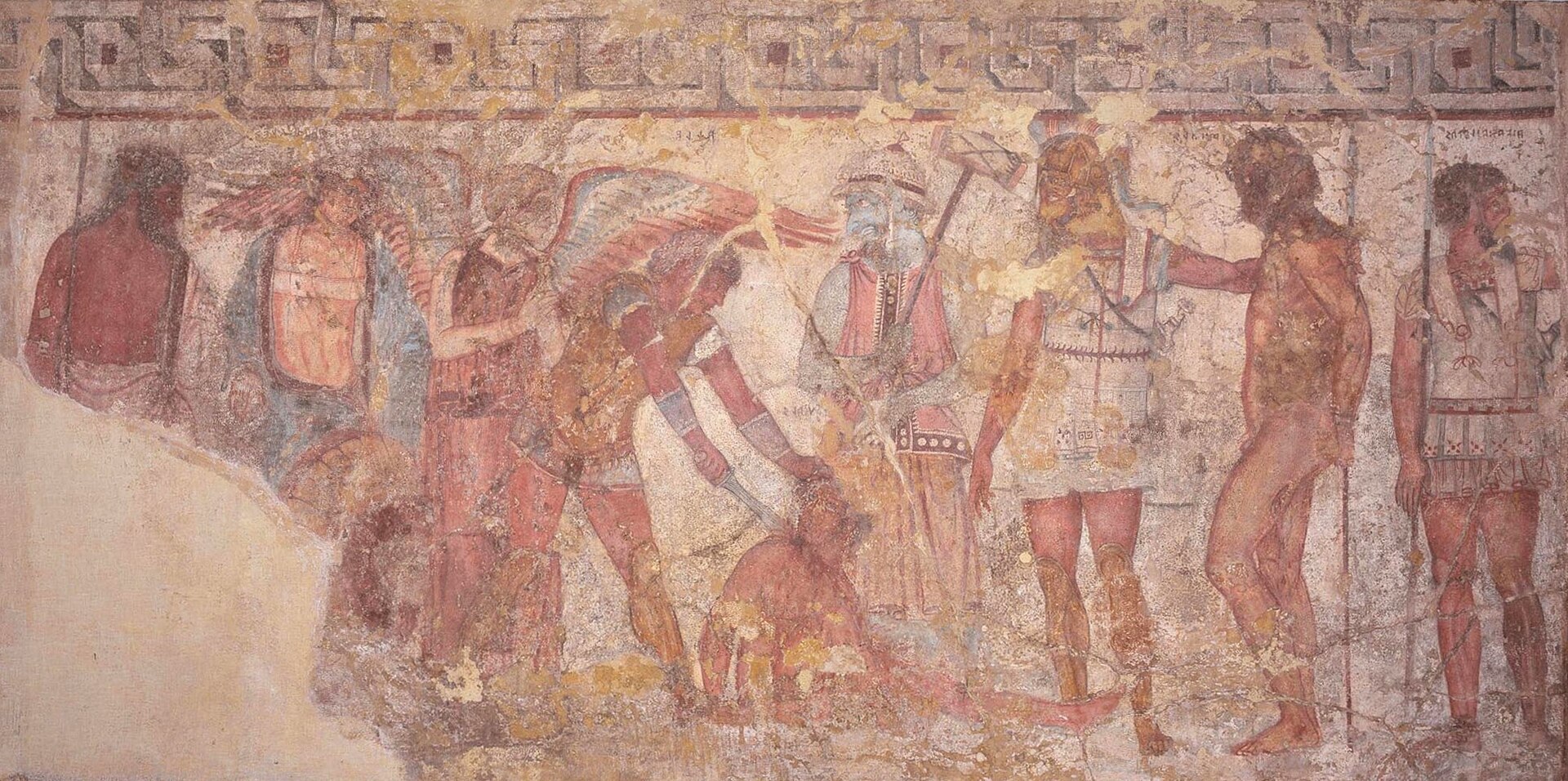affresco della tomba francois con il sacrificio dei prigionieri troiani, achille in armatura che colpisce un prigioniero inginocchiato fra la dea alata vanth e il demone charun dalla pelle azzurra con il martello