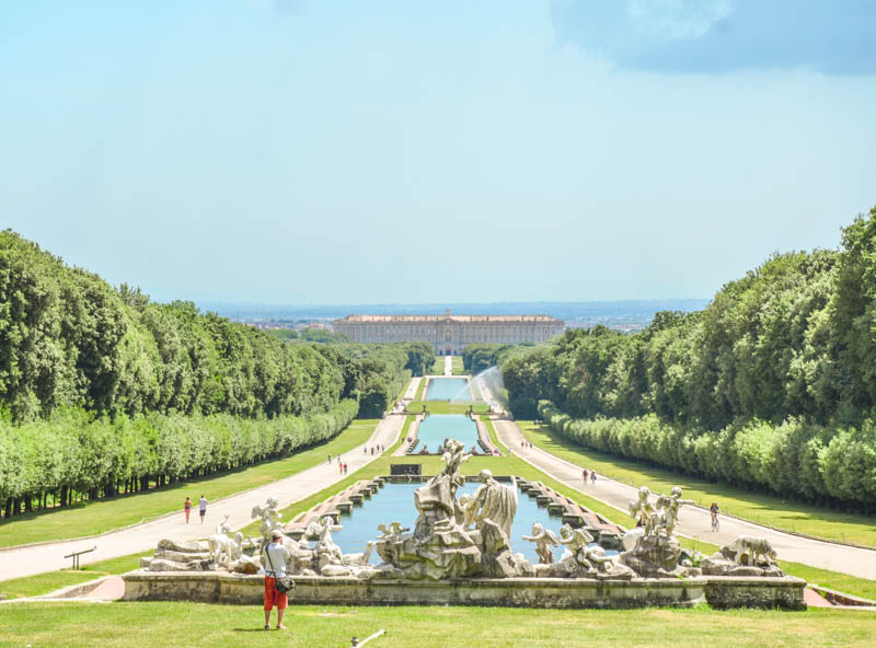 A panoramic view of the garden and the avenue of fountains at the Royal Palace of Caserta